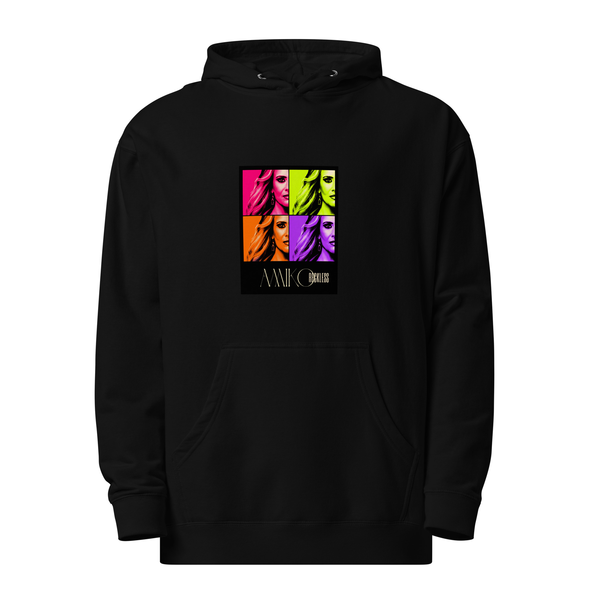 unisex-midweight-hoodie-black-front-6a7eabf9b26c8.jpg Amiko Reckless 4 Square Unisex Midweight Hoodie - Image 1