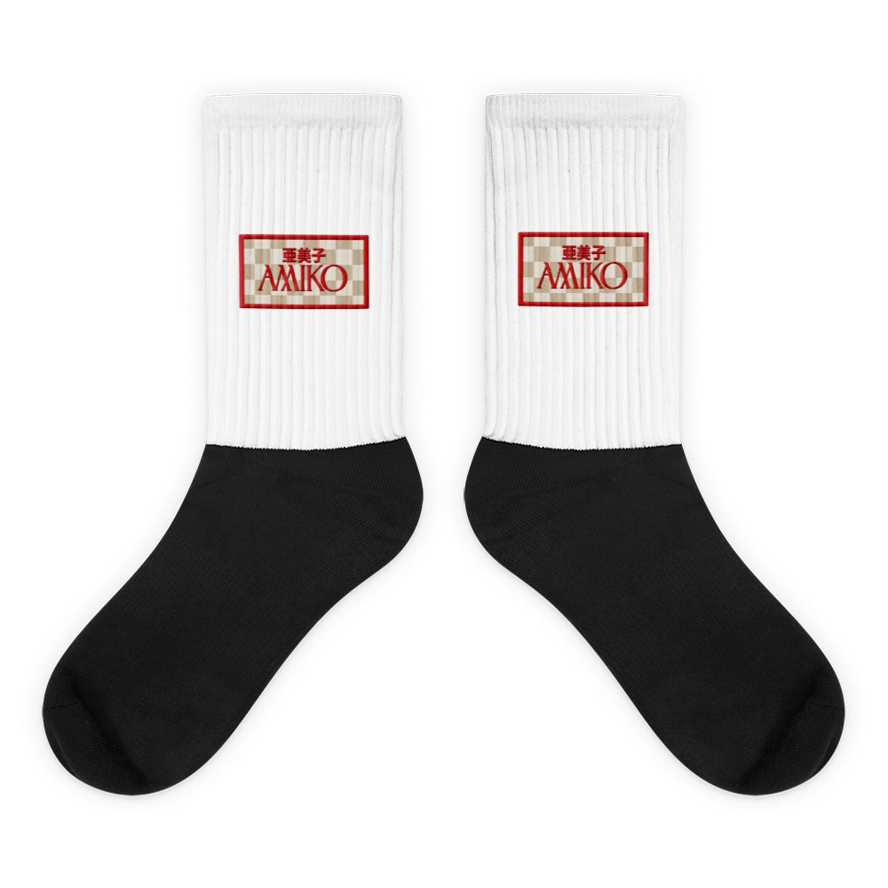 black-foot-sublimated-socks-flat-6a9c9ee37a11a.jpg Amiko Checkerboard & Logo Streetwear Sublimated Black Foot Socks - Image 1