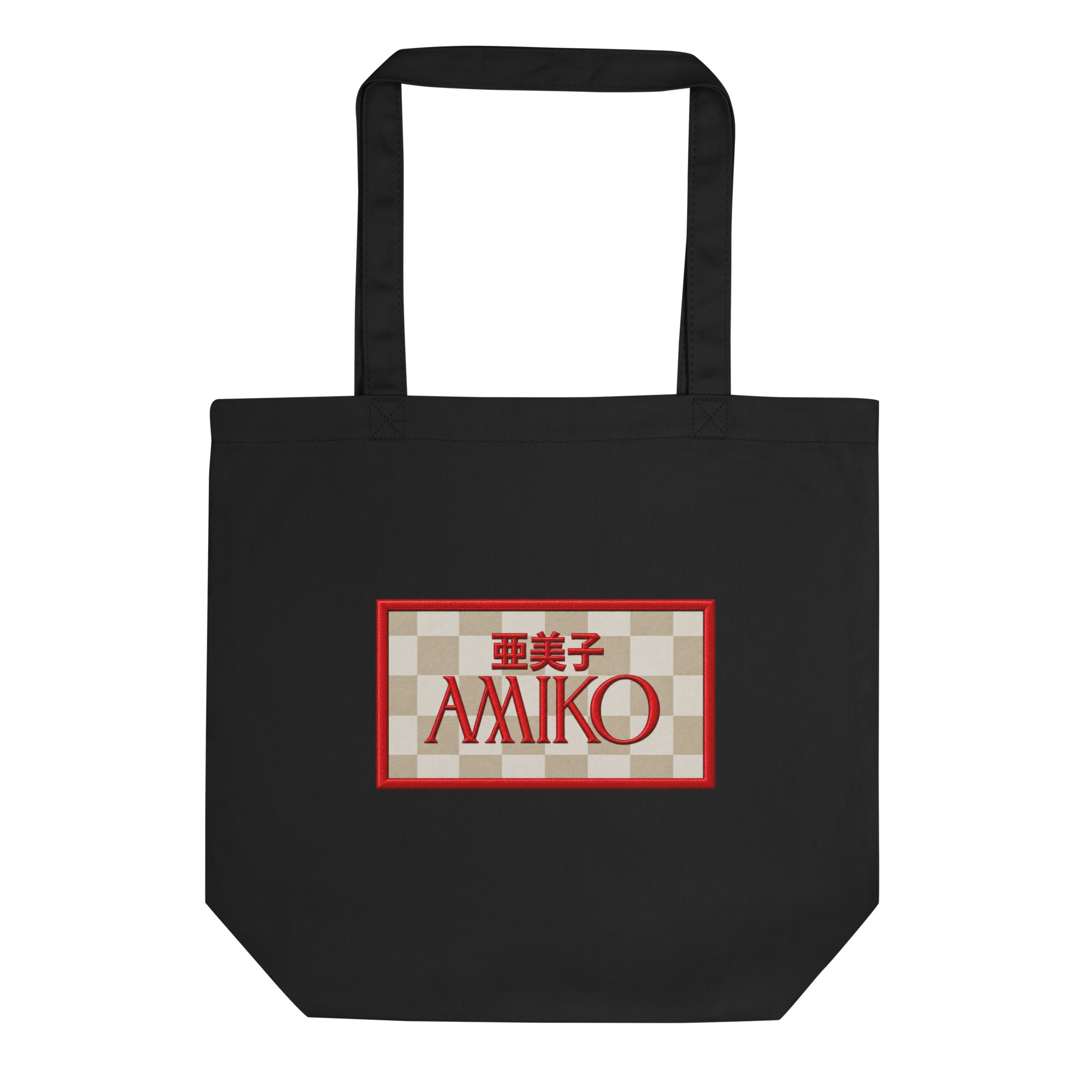 eco-tote-bag-black-front-6a9c7f7947fa6.jpg Amiko Checkerboard & Logo Eco Tote Bag - Image 1