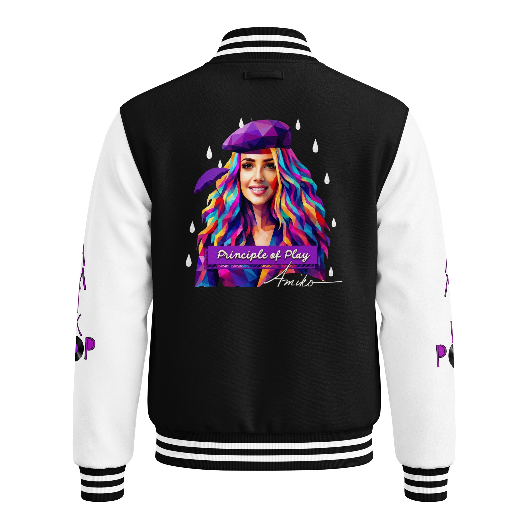 unisex-heavyweight-letterman-jacket-jet-black-arctic-white-back-6a96a6a3246ba.jpg Amiko "Principle of Play" Pop Anime Varsity Jacket - Image 1
