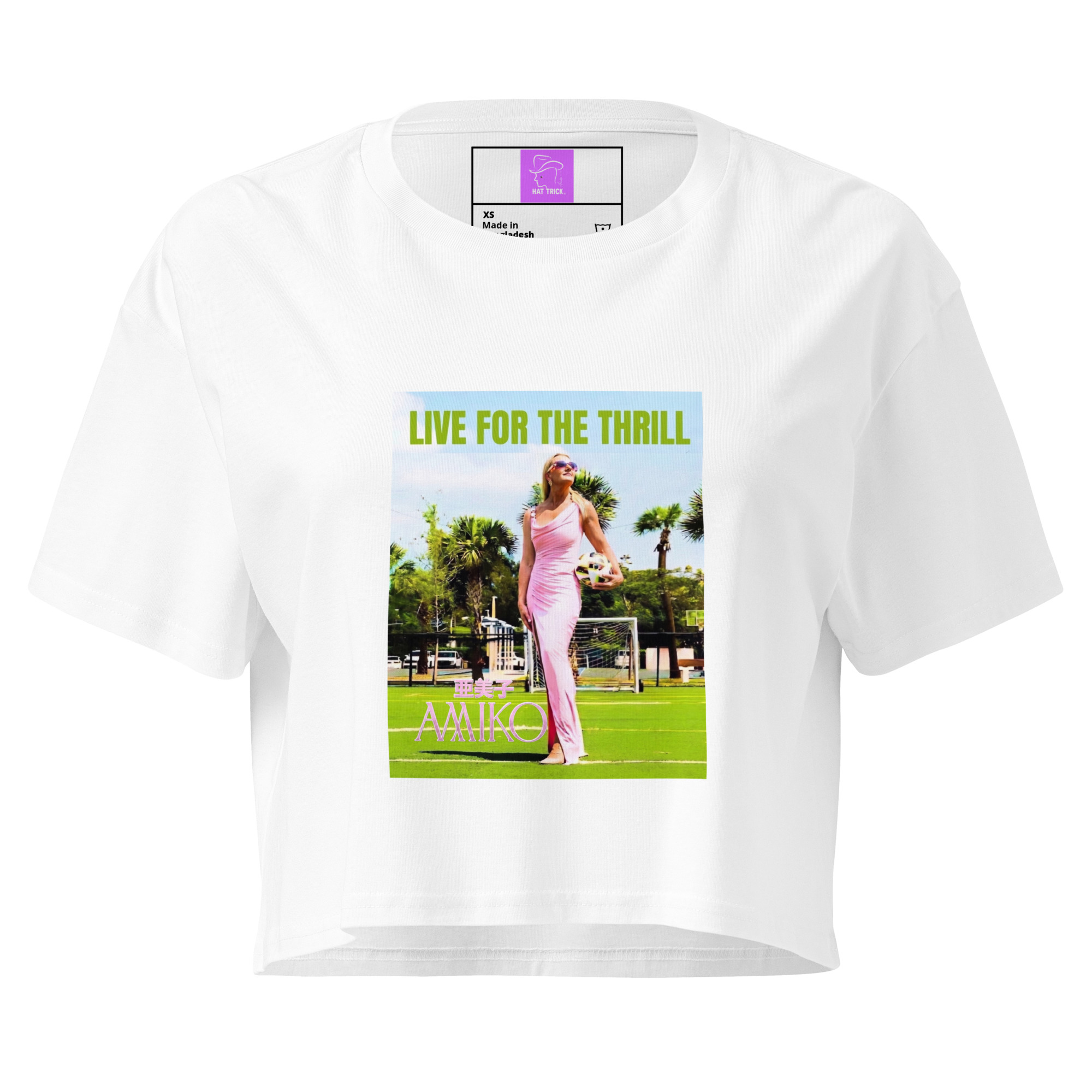 womens-crop-top-white-front-6a9cde5b721d0.jpg Amiko "Live for the Thrill" Miami Streetwear Crop Top - Image 1